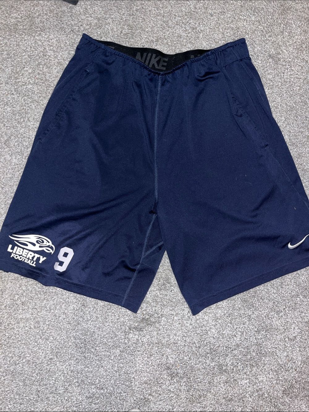NIKE Blue Poly LIBERTY FLAMES Football team issue #9 shorts L no drawstring